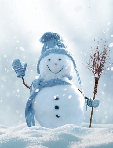 Snowman with blue mittens and hat