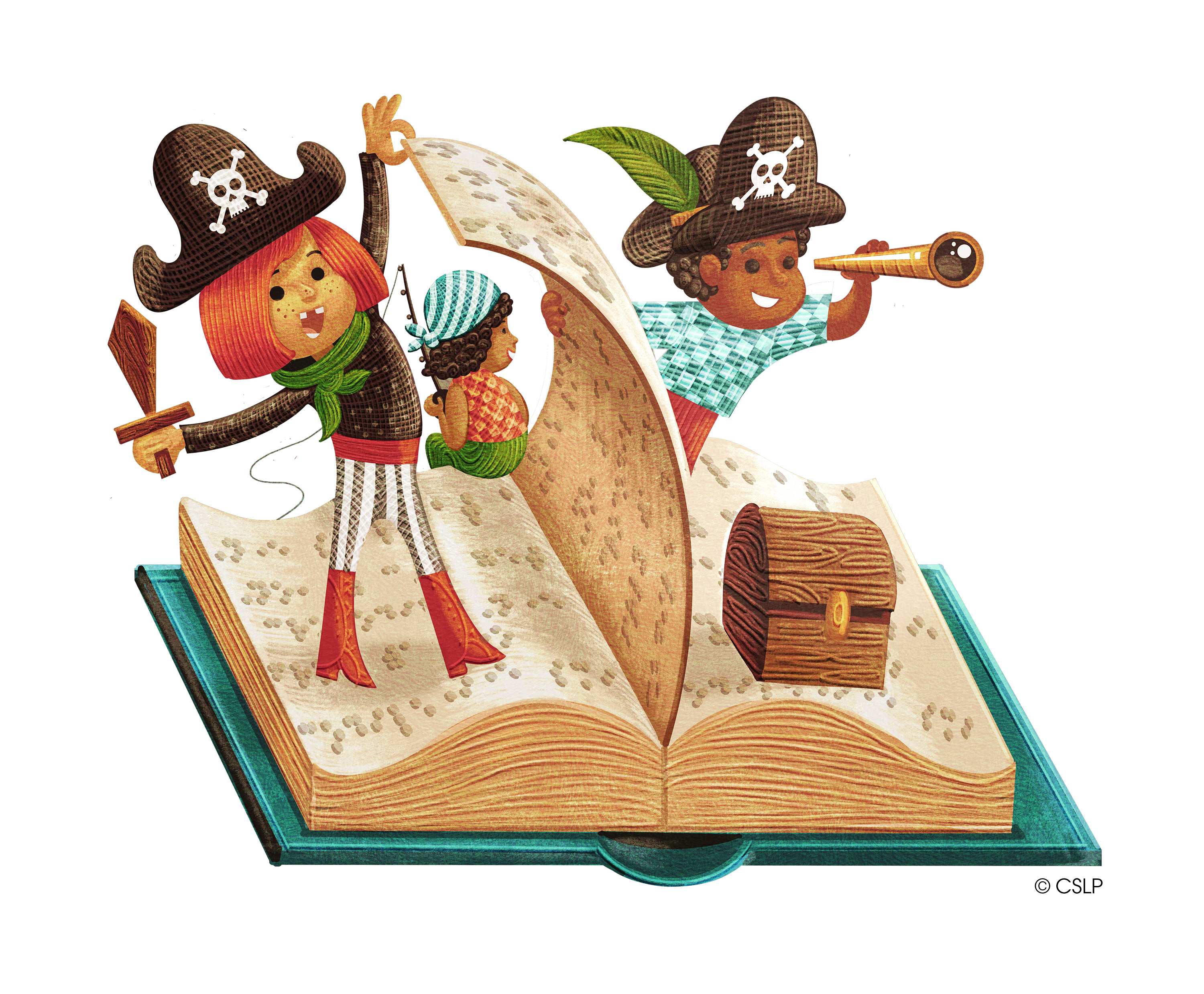 Kids dressed as pirates standing in a large book