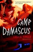 Book Cover of Camp Damascus by Chuck Tingle. Illustration of a mountainside forest. Behind the mountains is a person’s face with smoke and moths flying from their mouth. In the foreground in front of the mountains is a cabin internally lit with blue light. 