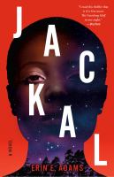 Book Cover of Jackal by Eric E. Adams. A photo of a black woman’s face on a red background. Her face is inlayed with a starry night sky and forest.